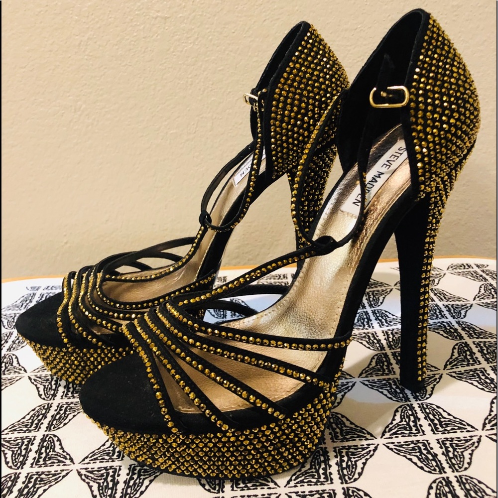 Steve Madden high heel sandals & gold rhinestones